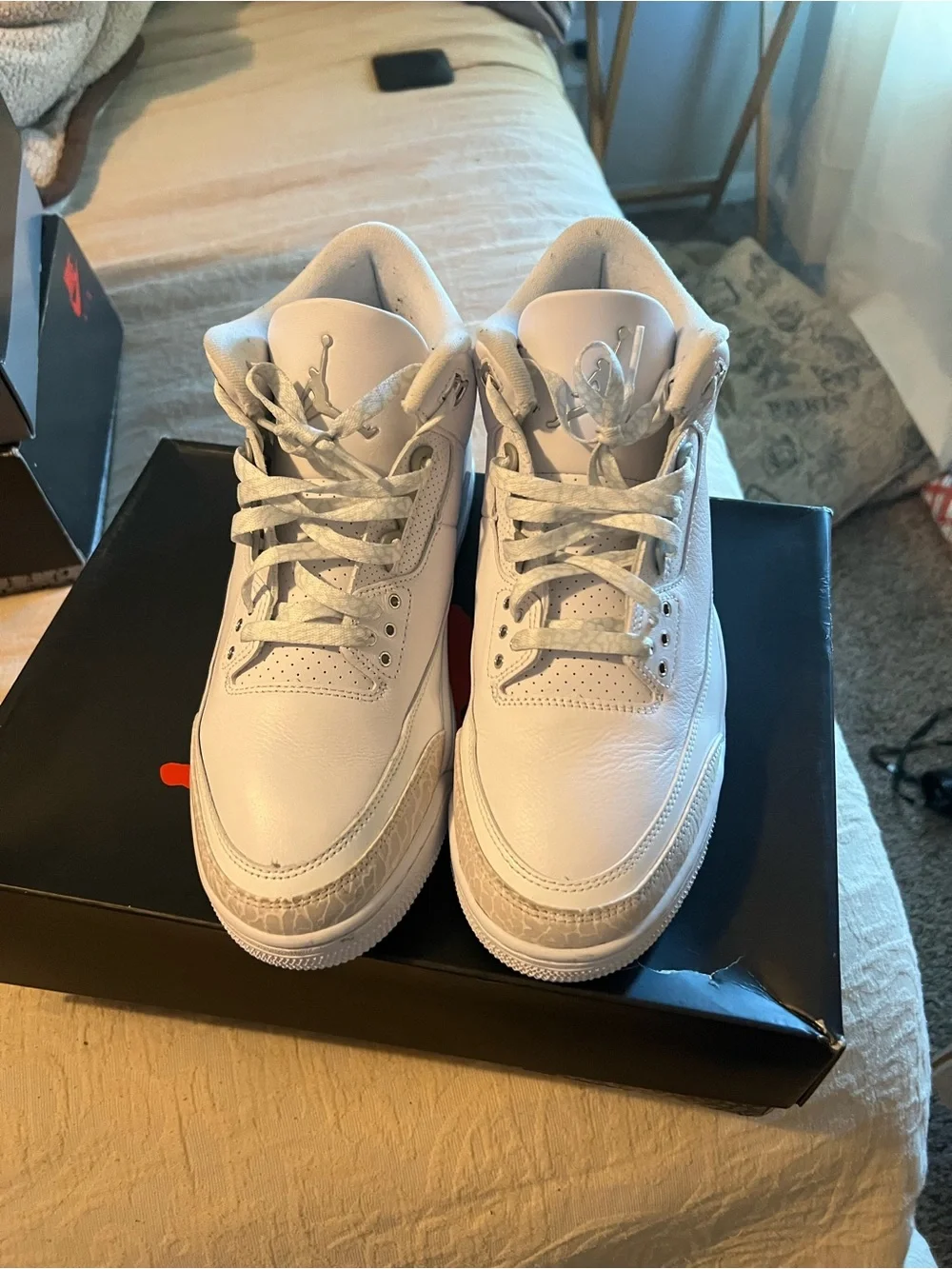 Pure Money Jordan 3s Nike Men’s White and Light Gray Leather Sneakers